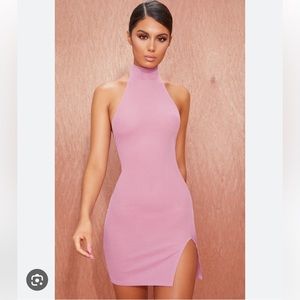 Pretty Little Thing Basic Mauve Ribbed High Neck Split Detail Bodycon Dress US 2